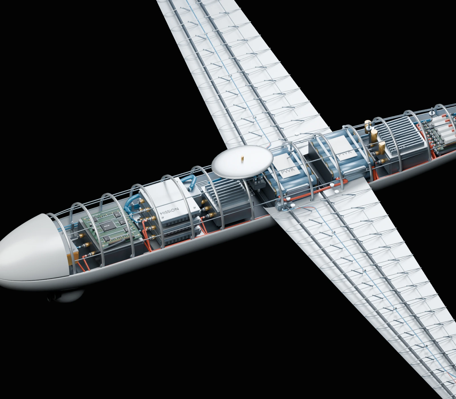 Close-up of Albatross's authored aircraft model, showing the battery, power electronics, flight computers and terminated wiring inside the fuselage.